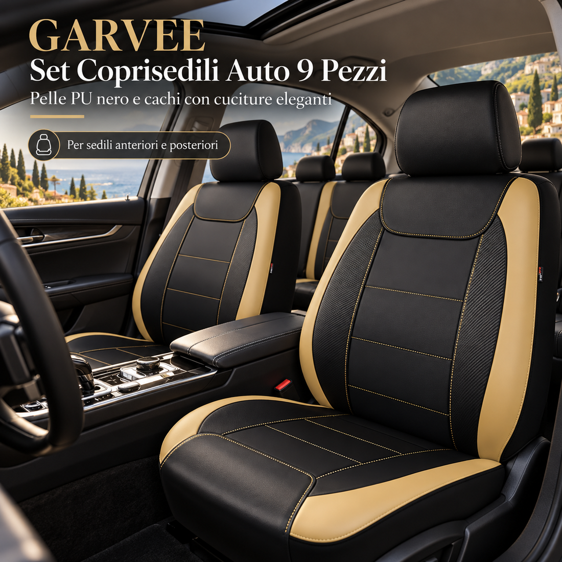 GARVEE Set Coprisedili Auto 9 Pezzi in Pelle PU Nero e Cachi con Cuciture, per Sedili Anteriori e Posteriori, Compatibile con Berlina, SUV e Pickup