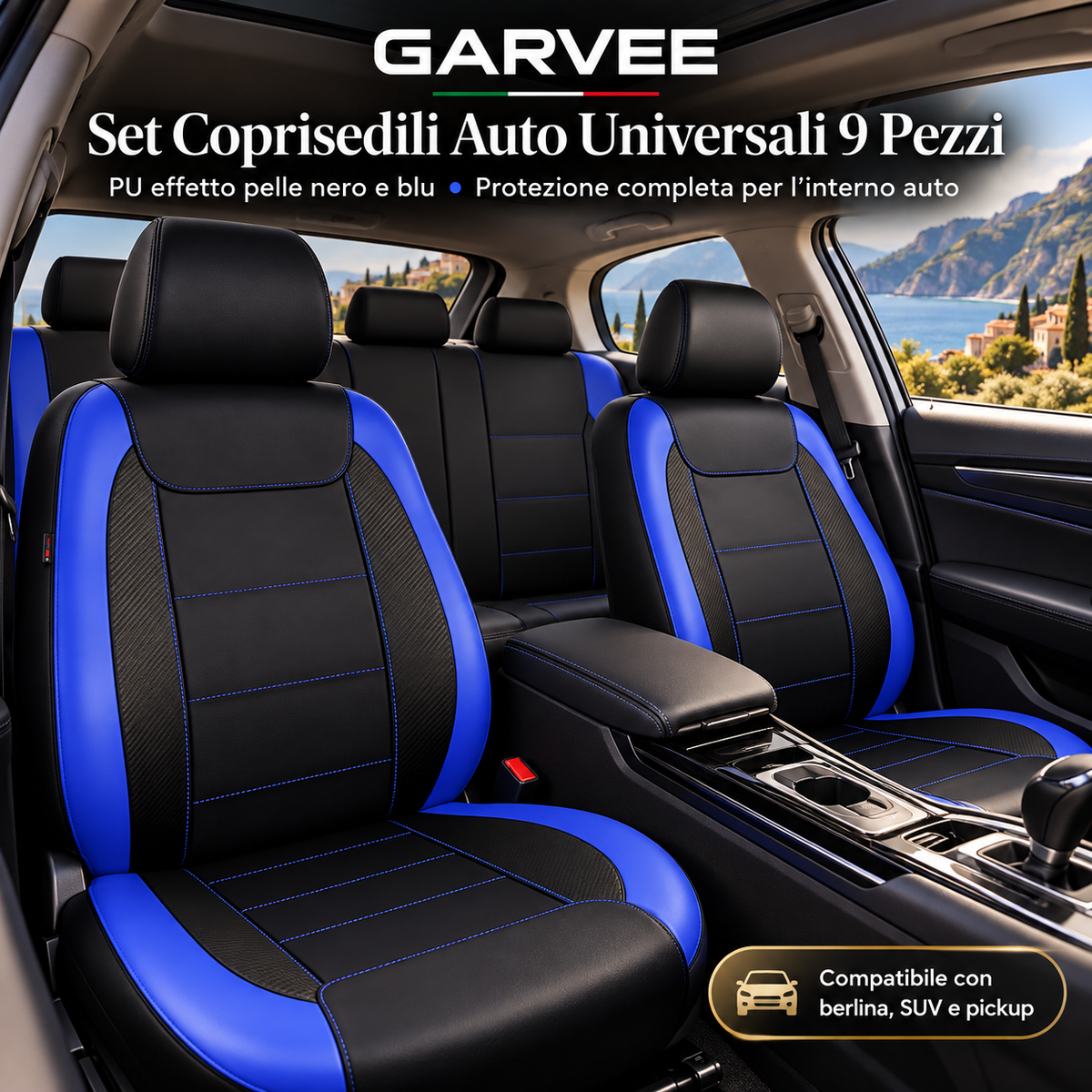 GARVEE Set Coprisedili Auto Universali 9 Pezzi in Pelle PU Nero e Blu con Cuciture, per Sedili Anteriori e Posteriori, Berlina, SUV e Pickup