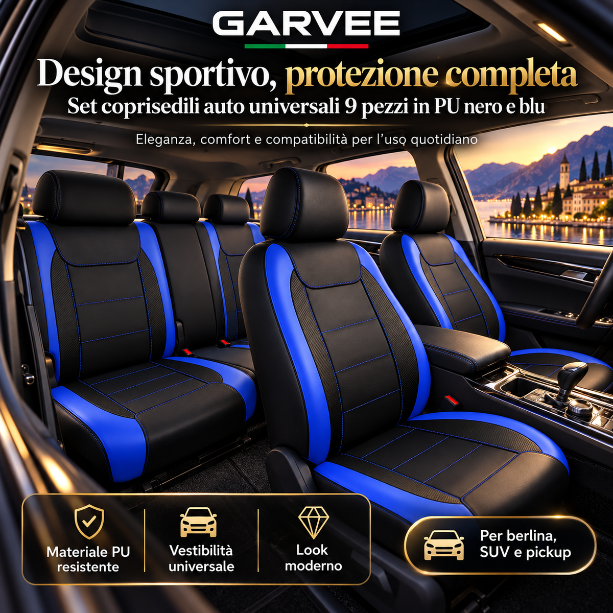 GARVEE Set Coprisedili Auto Universali 9 Pezzi in Pelle PU Nero e Blu con Cuciture, per Sedili Anteriori e Posteriori, Berlina, SUV e Pickup