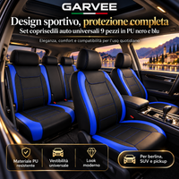 GARVEE Set Coprisedili Auto Universali 9 Pezzi in Pelle PU Nero e Blu con Cuciture, per Sedili Anteriori e Posteriori, Berlina, SUV e Pickup