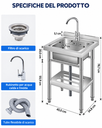 Garvee Lavello Multifunzionale In Acciaio Inox Singolo Vasca Profonda Per Lavanderia E Garage 45x35x79CM