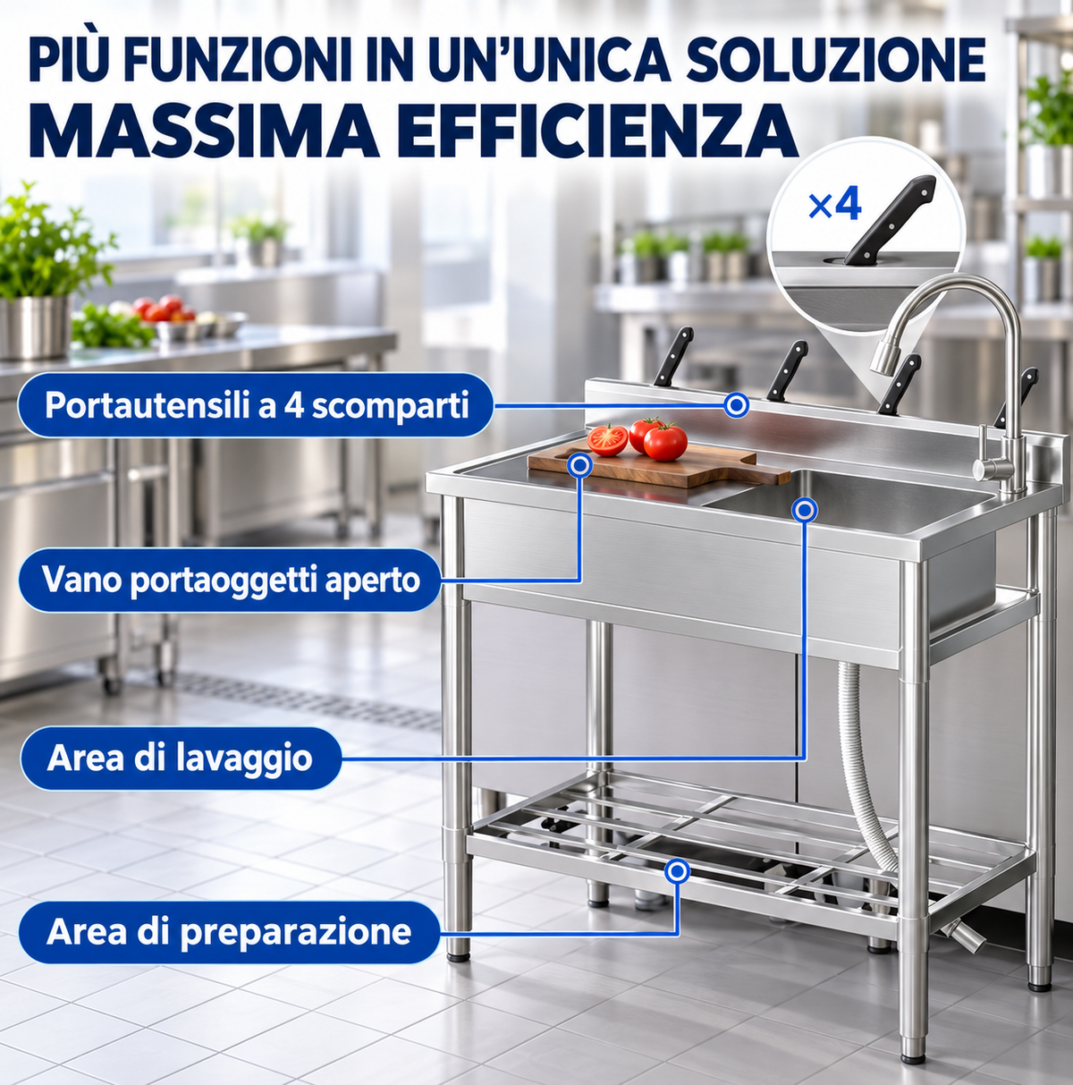 Garvee 76x40x101 cm Lavello Professionale Autoportante in Acciaio Inox con Banco da Lavoro Ripiano e Rubinetto Girevole