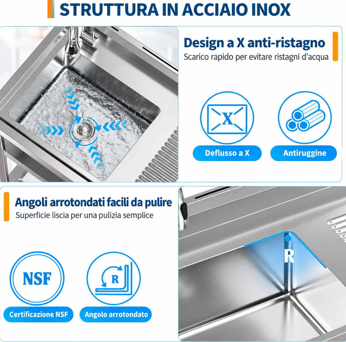 Garvee Lavello Commerciale Autoportante 100 cm in Acciaio Inox, Vasca Singola con Sgocciolatoio, Rubinetto 360° e Doppio Ripiano
