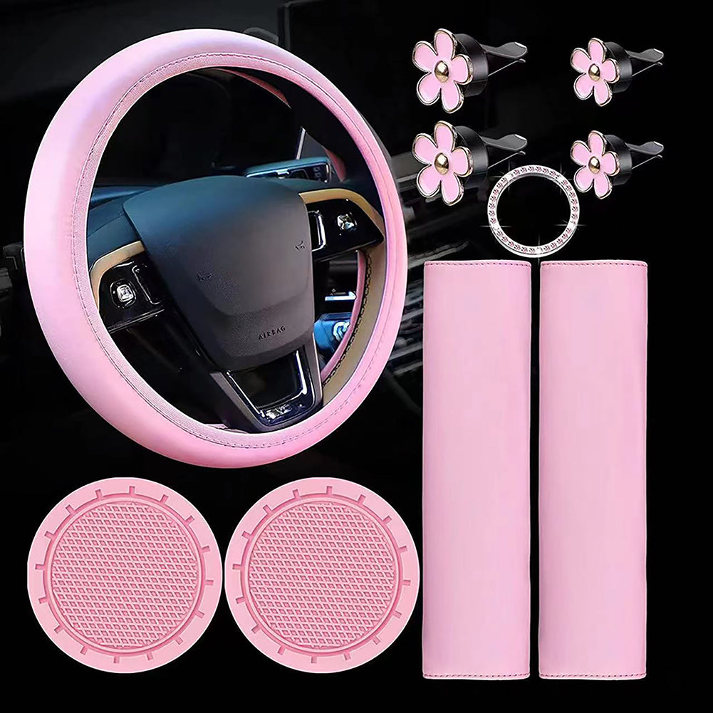Set di volanti in pelle blu Garvee da 10 pezzi per donna, accessori per auto, cintura di sicurezza, spalline, portabicchieri, comodo e resistente