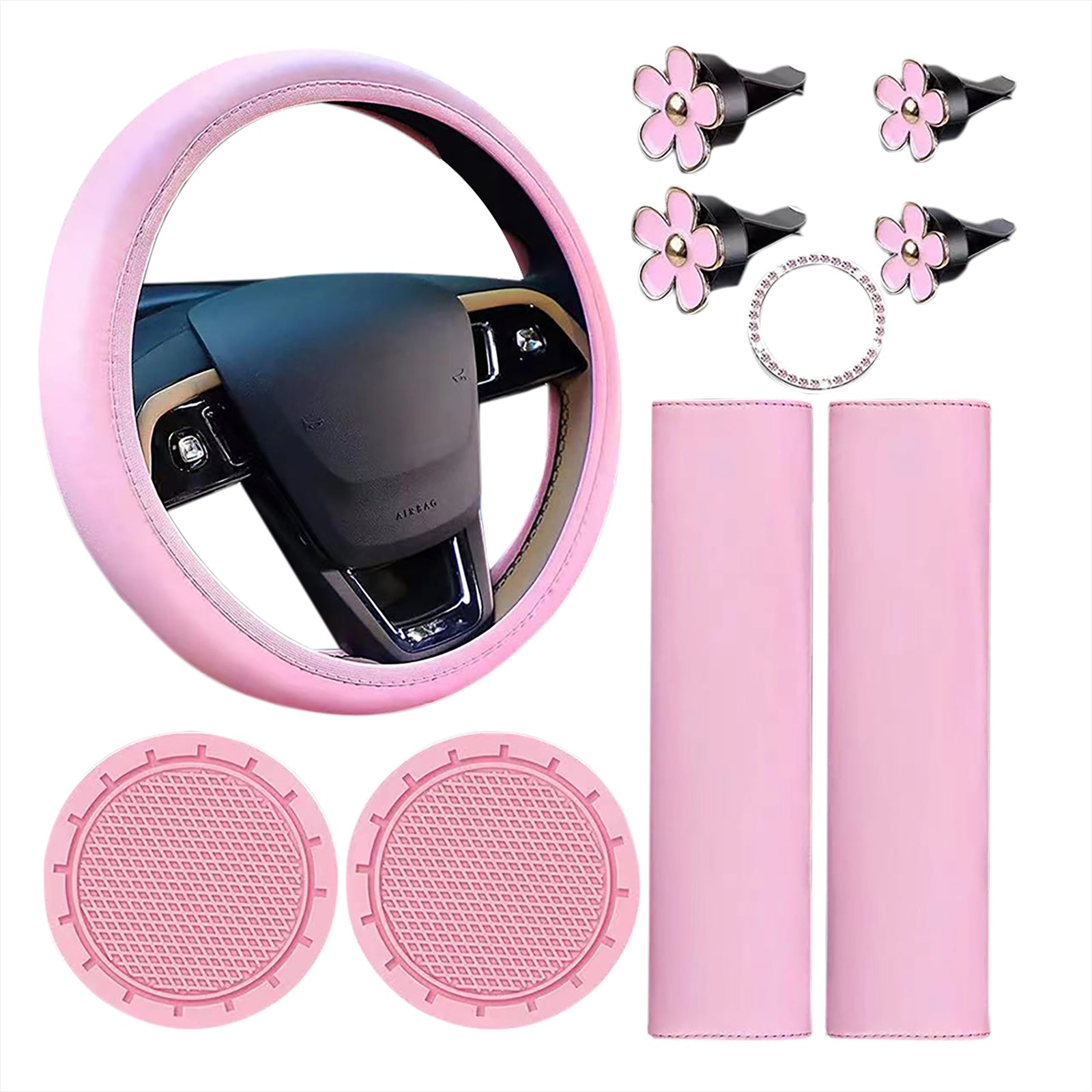 Set di volanti in pelle blu Garvee da 10 pezzi per donna, accessori per auto, cintura di sicurezza, spalline, portabicchieri, comodo e resistente