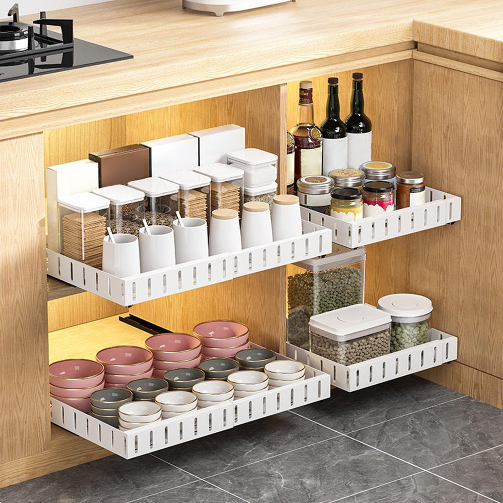 Organizzatore estensibile per mobili da cucina Garvee, acciaio al carbonio, con guide silenziose, per mobili base, 1° ripiano, taglia unica