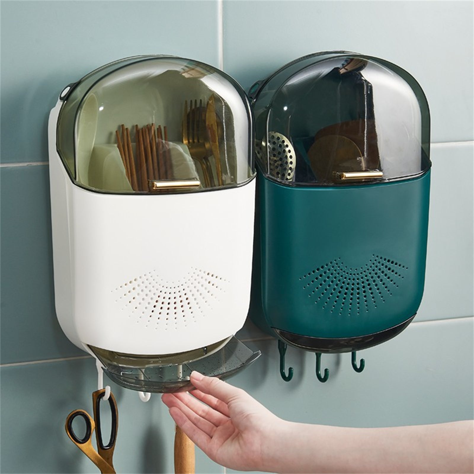 Porta-bacchette da parete Garvee con ventilazione, porta-utensili in plastica, fori di drenaggio, ganci, coperchio – Accessori da cucina