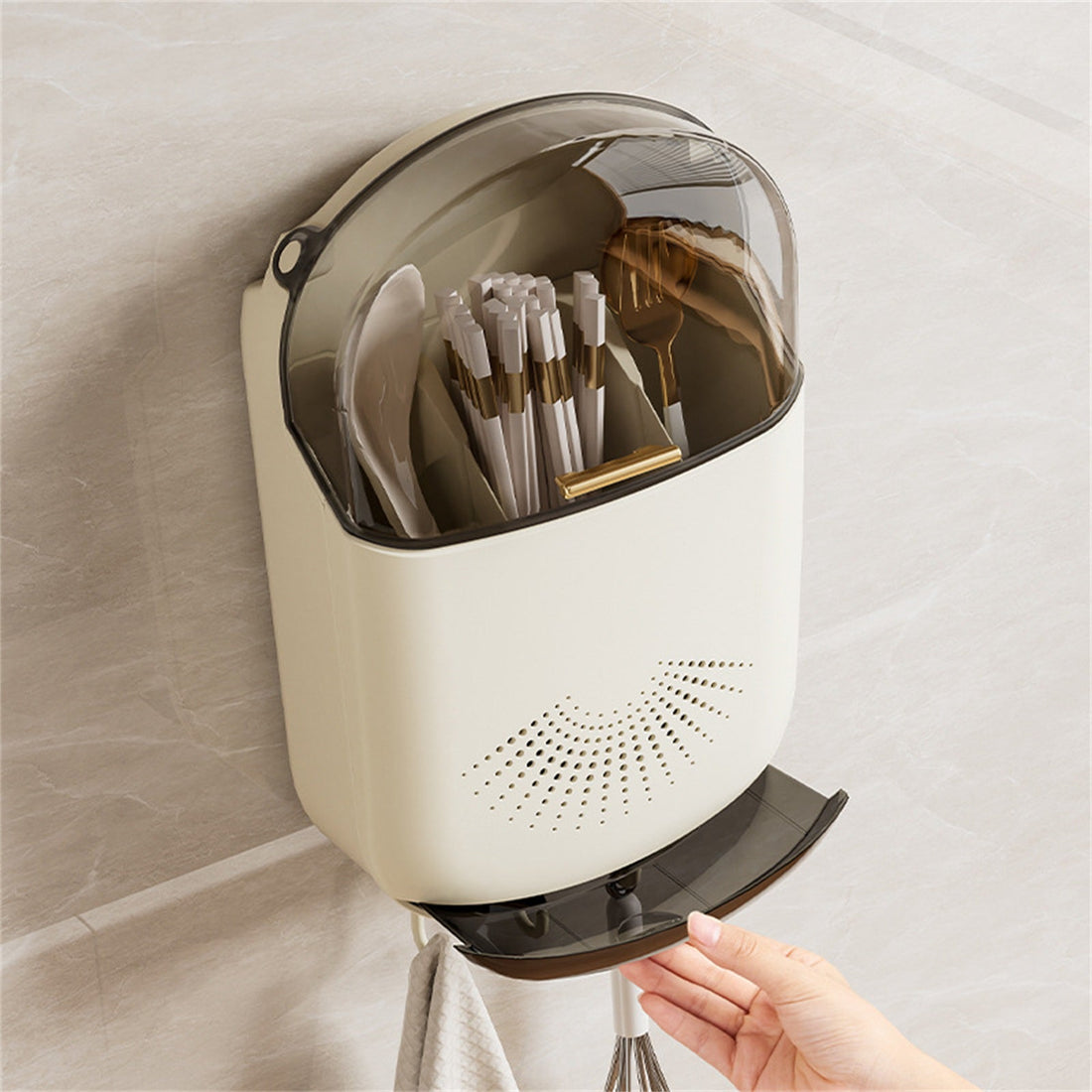 Porta-bacchette da parete Garvee con ventilazione, porta-utensili in plastica, fori di drenaggio, ganci, coperchio – Accessori da cucina