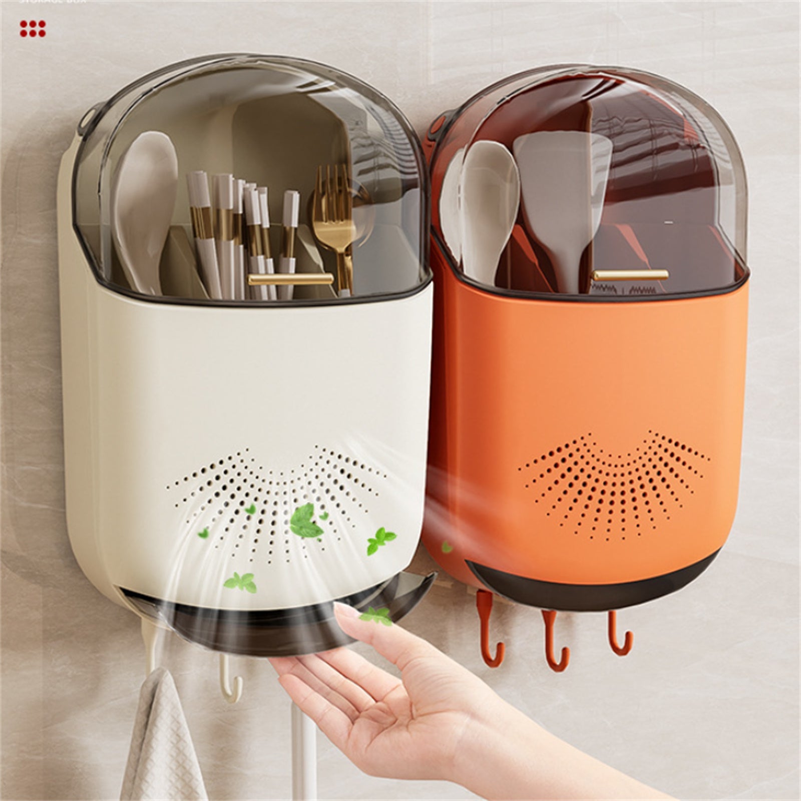 Porta-bacchette da parete Garvee con ventilazione, porta-utensili in plastica, fori di drenaggio, ganci, coperchio – Accessori da cucina