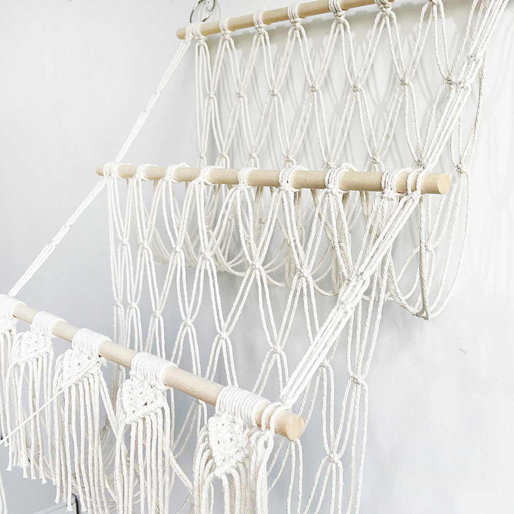 GARVEE Amaca portaoggetti per giocattoli di peluche, a 2 strati con legno, stile boho per la cameretta dei bambini, montaggio a parete, salvaspazio, con nappe