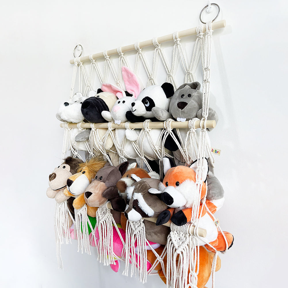 GARVEE Amaca portaoggetti per giocattoli di peluche, a 2 strati con legno, stile boho per la cameretta dei bambini, montaggio a parete, salvaspazio, con nappe