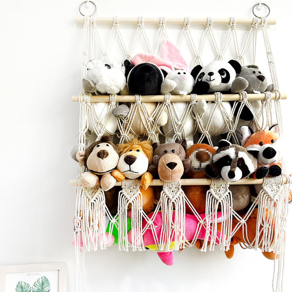 GARVEE Amaca portaoggetti per giocattoli di peluche, a 2 strati con legno, stile boho per la cameretta dei bambini, montaggio a parete, salvaspazio, con nappe