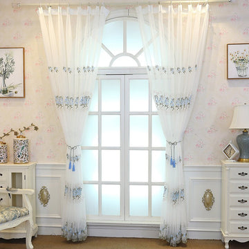 GARVEE Tende trasparenti con fiori blu, tende a rete ricamate, tende in voile per soggiorno, camera da letto, 1 m x 1,2 m