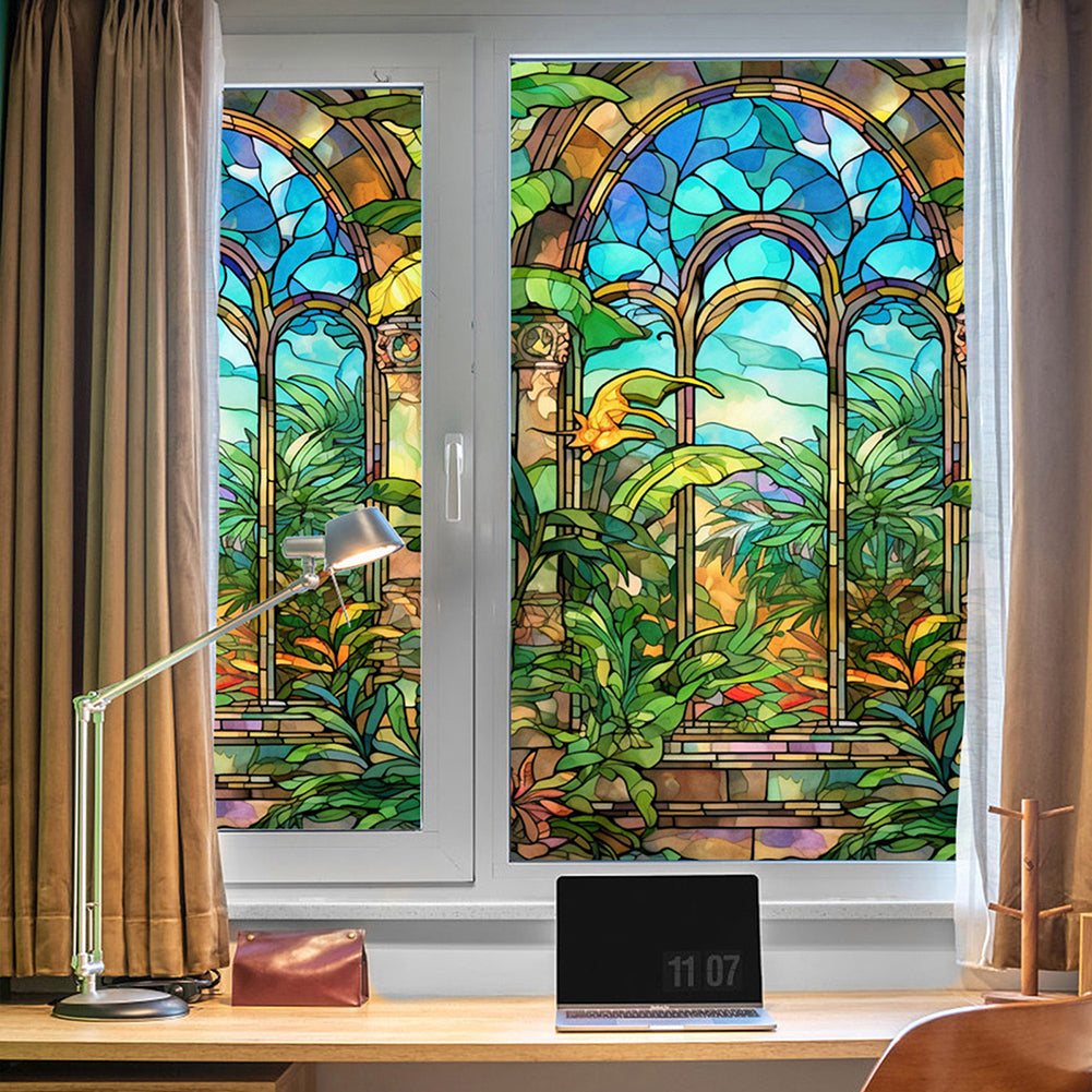 Pellicola per finestre Garvee, opaca, autoadesiva, per la privacy, 60x100 cm, design arcobaleno 3D colorato con motivo di piante e fiori