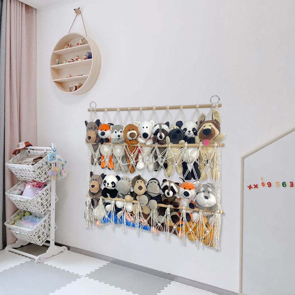 Amaca portaoggetti Garvee per giocattoli di peluche, rete in legno, altezza regolabile, grande capacità, per camerette e sale giochi per bambini, 70x80 cm, bianco