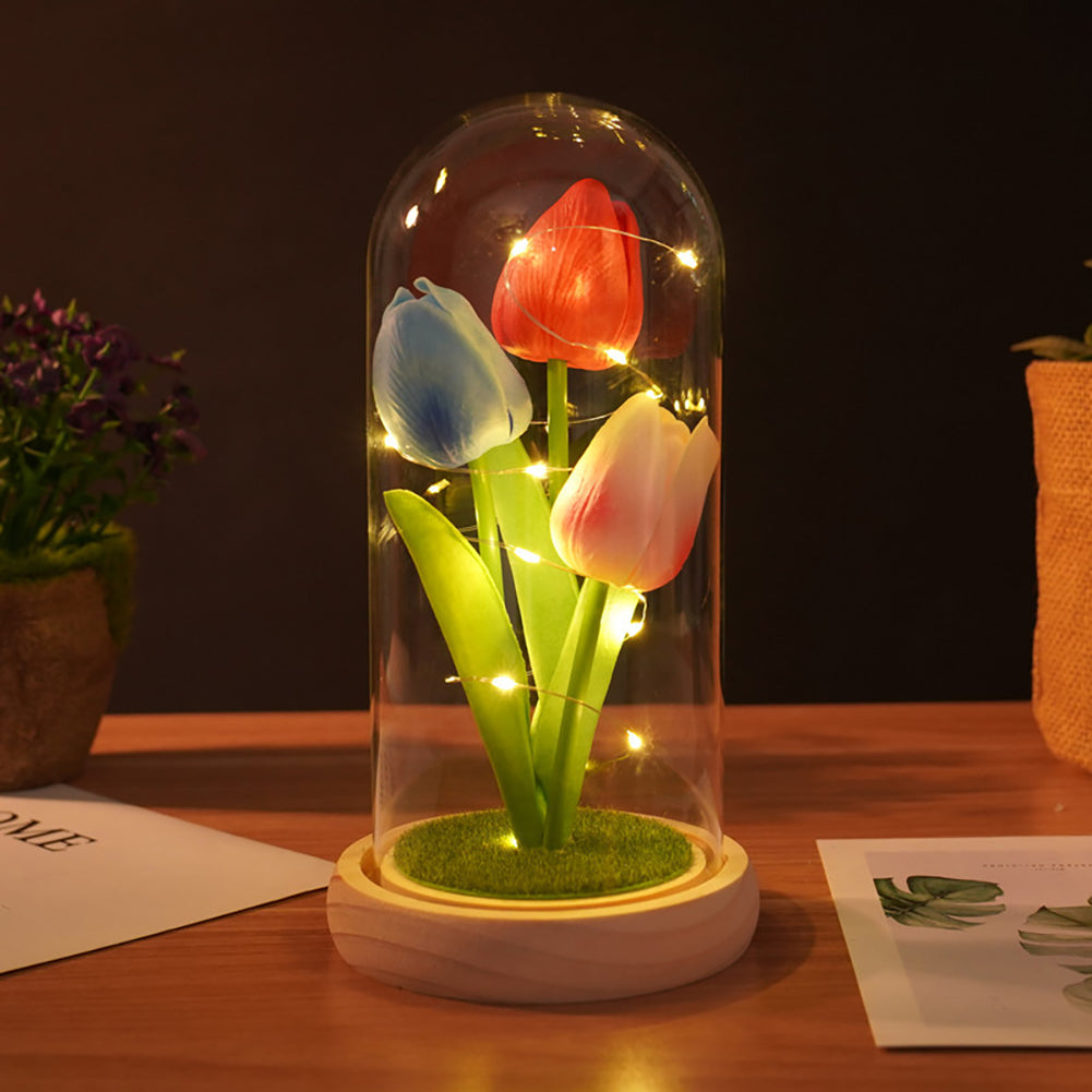 GARVEE Tulipano in vetro con luci a LED, fiore artificiale eterno, decorazione elegante, arredamento per la casa, luce notturna, regalo per donne e mamme