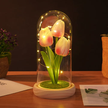GARVEE Luce notturna a forma di tulipano con copertura in vetro, rosa, per camera da letto e comodino, lampada a LED a forma di tulipano