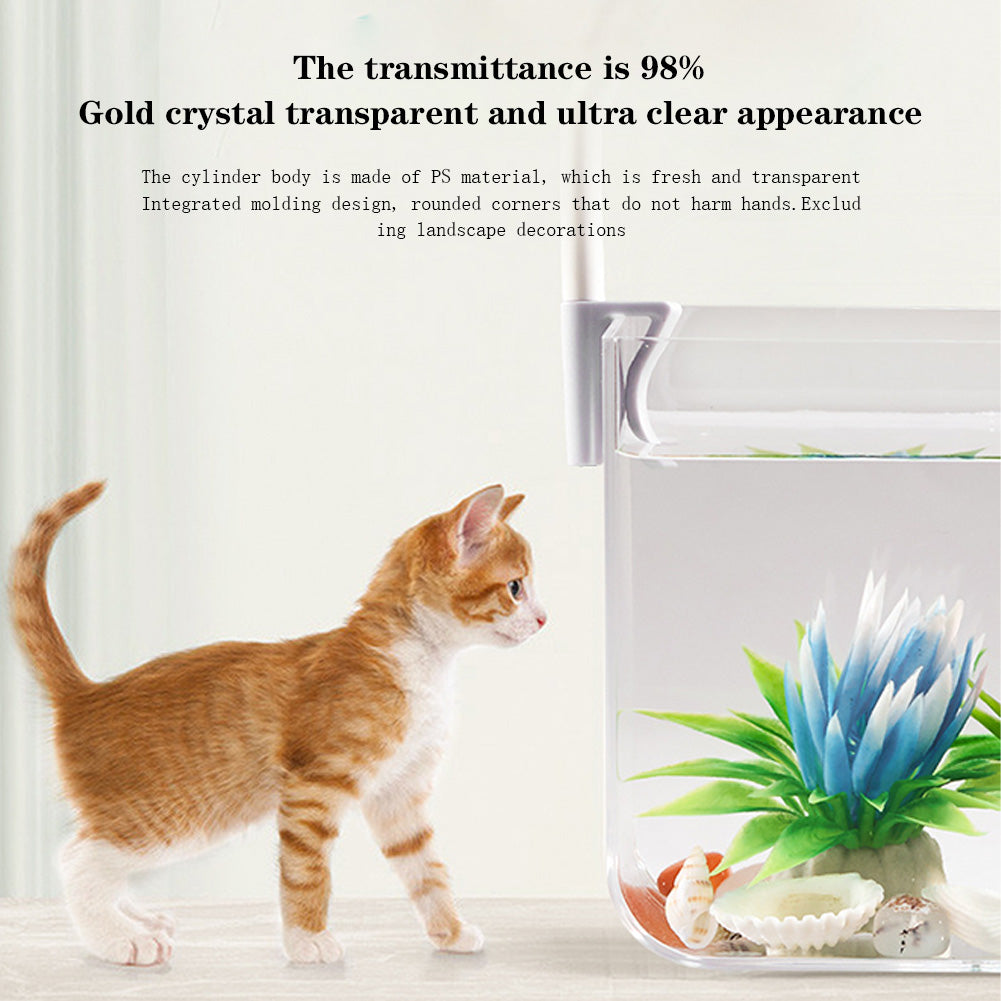 Garvee Piccolo Acquario con Luce, Filtro a Parete, Base Antiscivolo per Soggiorno, Vista a 360°, Schermo Panoramico, Materiale PS, Set Iniziale, Trasparente