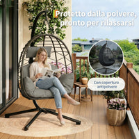 Amaca a Sospensione Garvee in Rattan con Struttura in Metallo per Giardino e Interni, 150 kg, Grigia, Rivestimento Ergonomico, Protezione Antipolvere