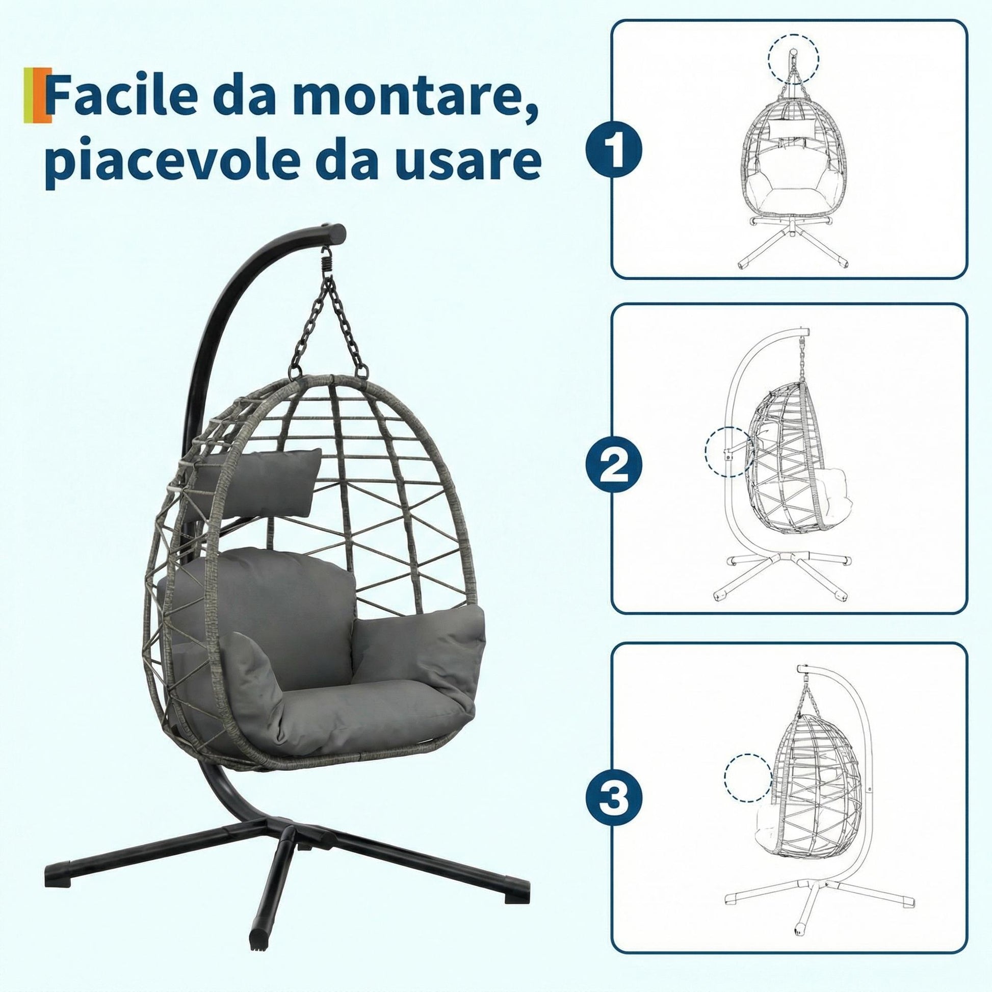 Amaca a Sospensione Garvee in Rattan con Struttura in Metallo per Giardino e Interni, 150 kg, Grigia, Rivestimento Ergonomico, Protezione Antipolvere