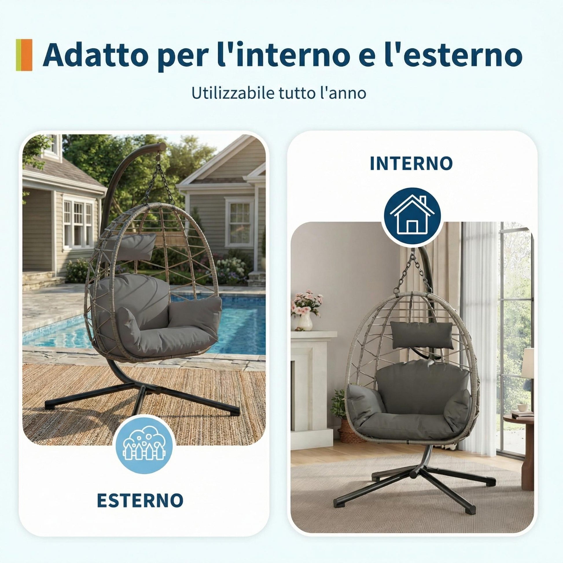 Amaca a Sospensione Garvee in Rattan con Struttura in Metallo per Giardino e Interni, 150 kg, Grigia, Rivestimento Ergonomico, Protezione Antipolvere