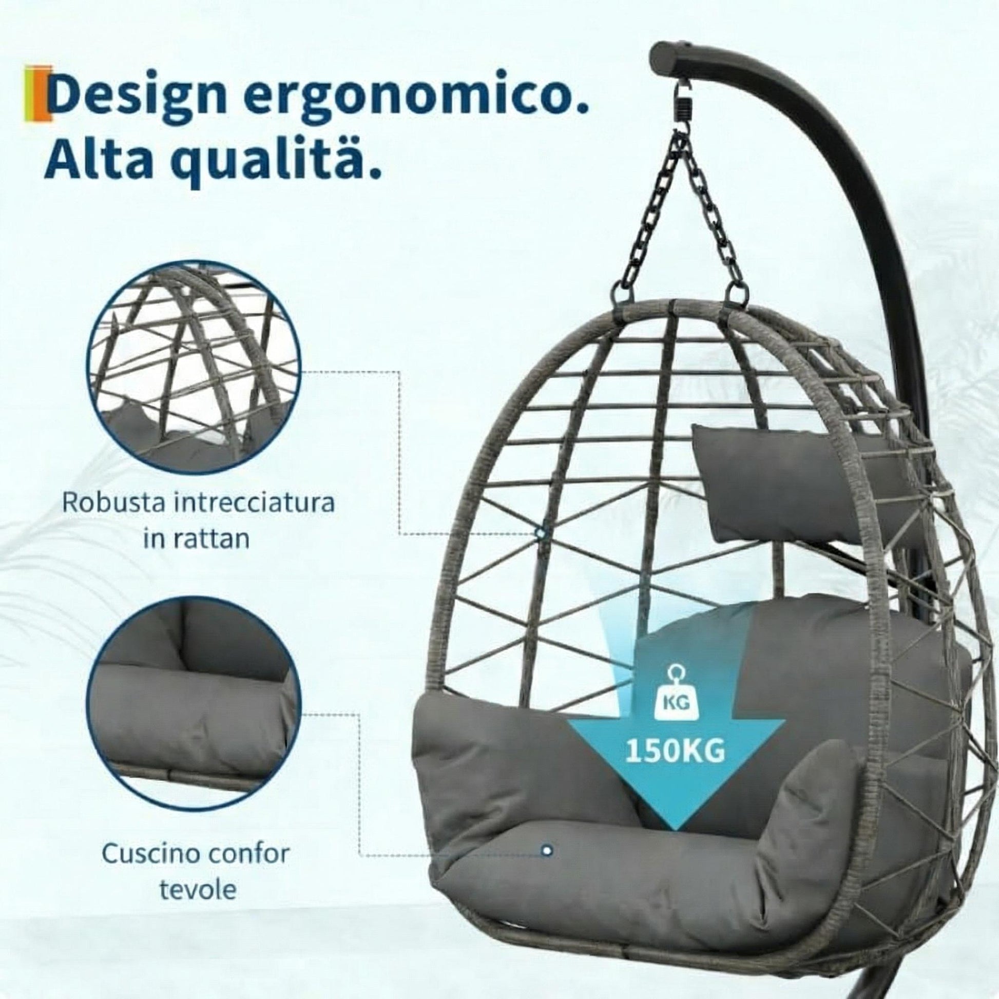 Amaca a Sospensione Garvee in Rattan con Struttura in Metallo per Giardino e Interni, 150 kg, Grigia, Rivestimento Ergonomico, Protezione Antipolvere