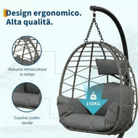 Amaca a Sospensione Garvee in Rattan con Struttura in Metallo per Giardino e Interni, 150 kg, Grigia, Rivestimento Ergonomico, Protezione Antipolvere