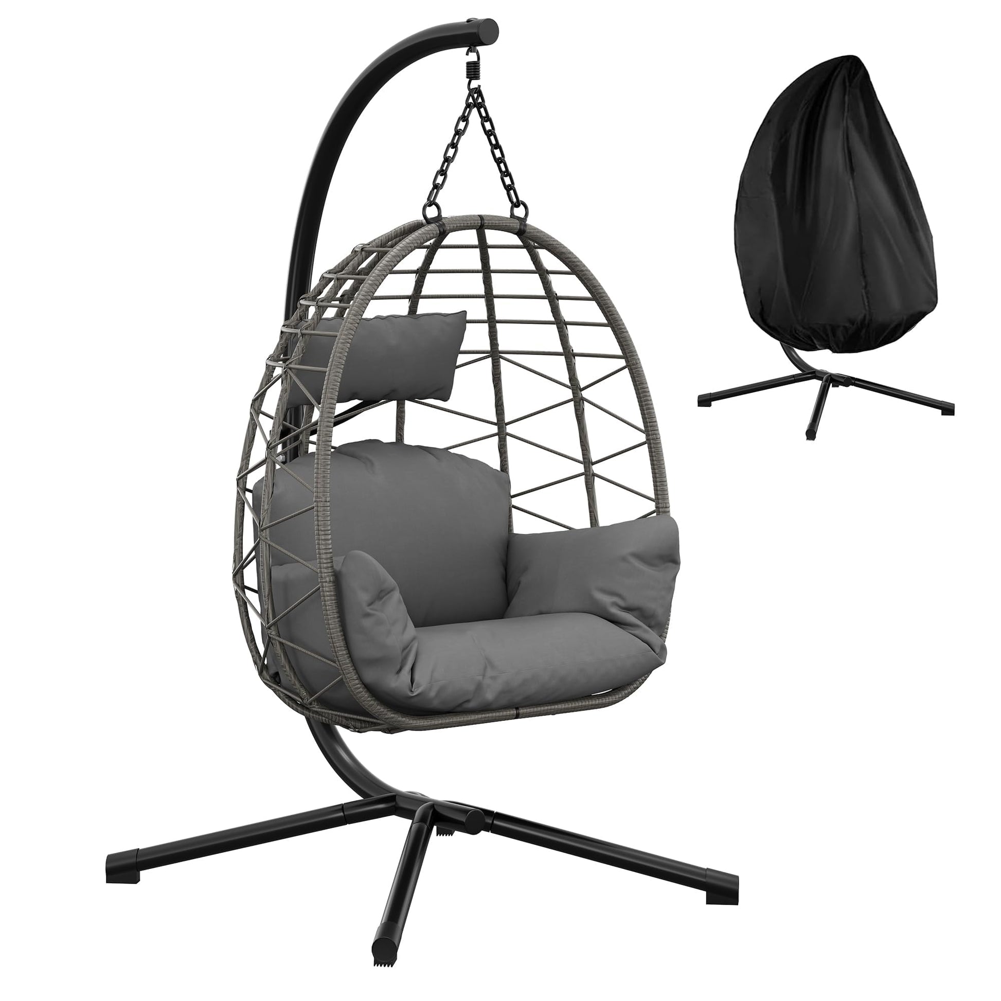 Amaca a Sospensione Garvee in Rattan con Struttura in Metallo per Giardino e Interni, 150 kg, Grigia, Rivestimento Ergonomico, Protezione Antipolvere