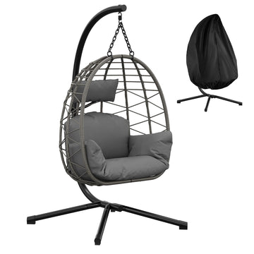 Amaca a Sospensione Garvee in Rattan con Struttura in Metallo per Giardino e Interni, 150 kg, Grigia, Rivestimento Ergonomico, Protezione Antipolvere