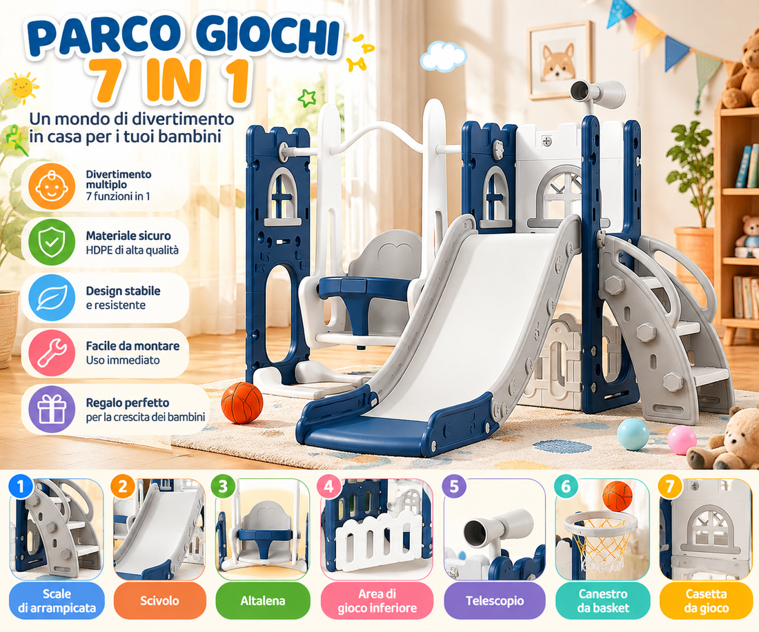 GARVEE Parco Giochi 7 in 1 per Bambini con Scivolo e Altalena, Struttura in HDPE Blu e Grigio con Base Anti-Ribaltamento, per Interno ed Esterno