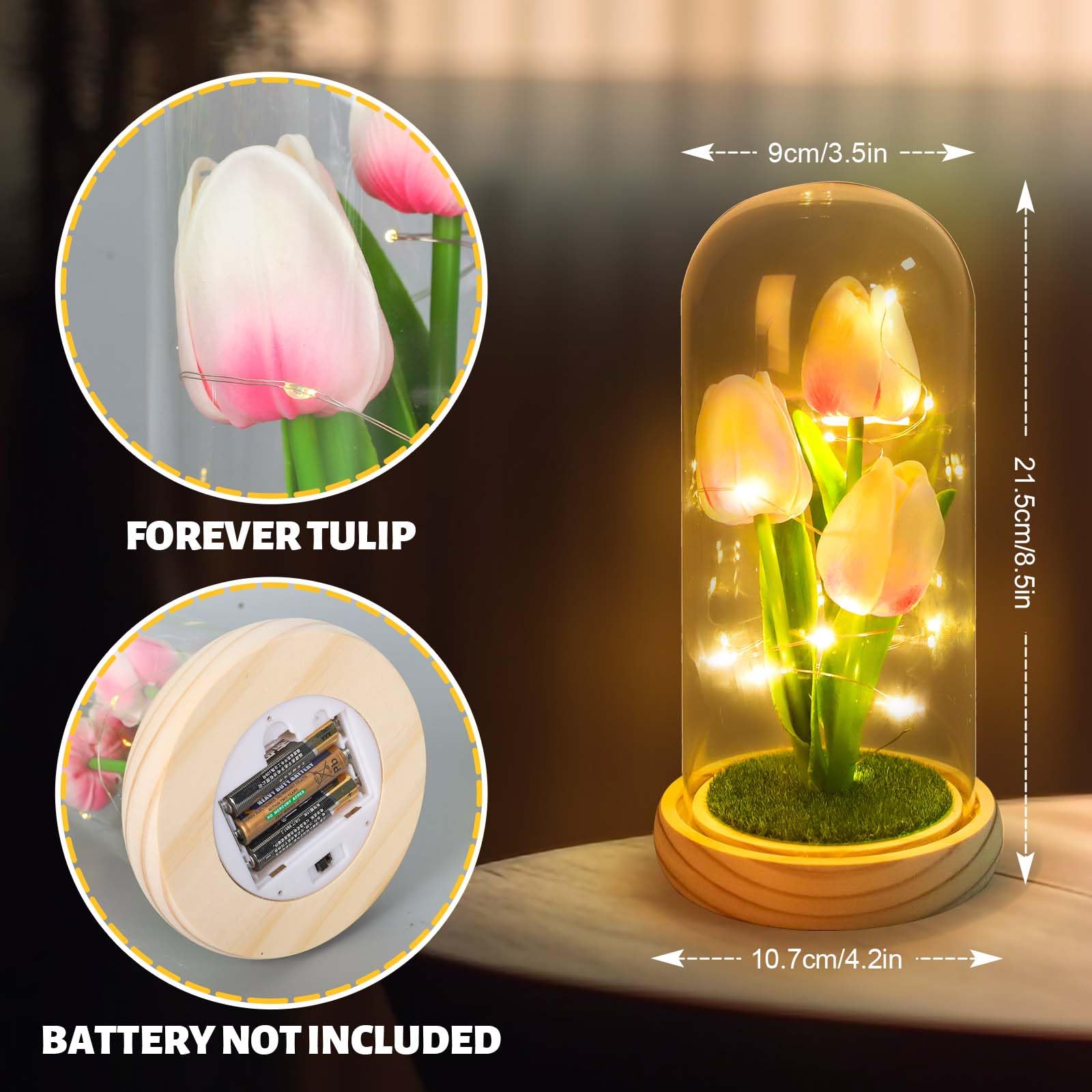GARVEE Luce notturna a forma di tulipano con copertura in vetro, rosa, per camera da letto e comodino, lampada a LED a forma di tulipano