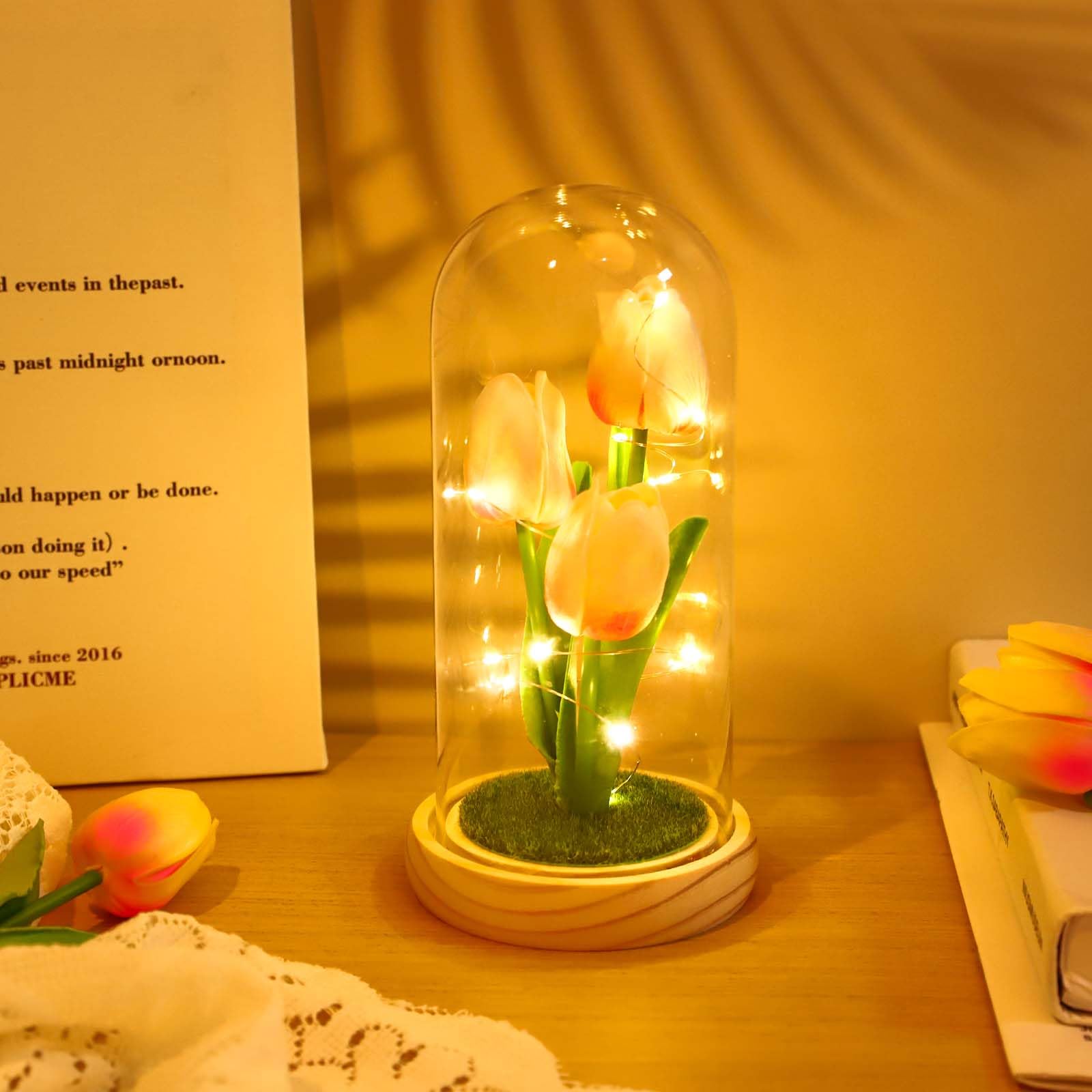 GARVEE Luce notturna a forma di tulipano con copertura in vetro, rosa, per camera da letto e comodino, lampada a LED a forma di tulipano