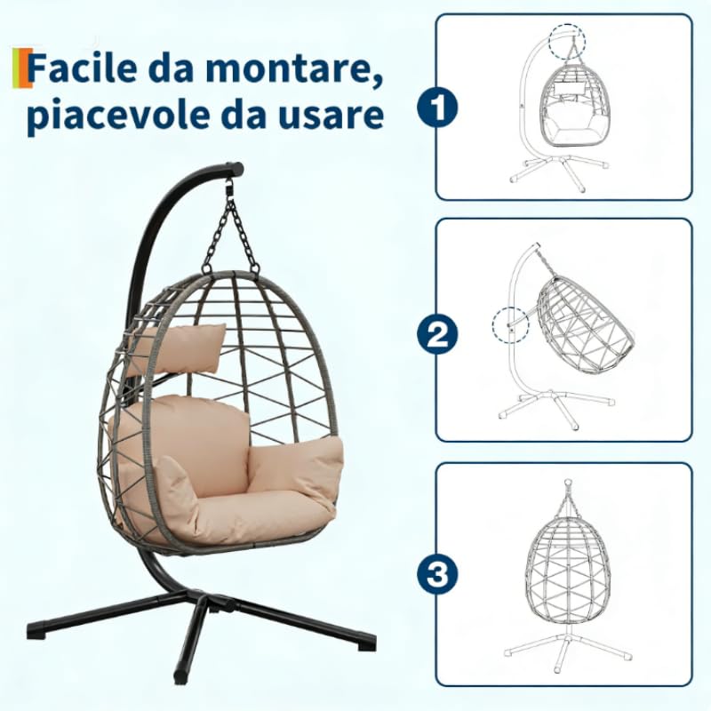 Garvee Hängesessel Rattan Mit Metallrahmen, Pieghevole, Resistente Alle Intemperie, Cuscino Imbottito, Design Ergonomico A Uovo, Nero, Per Giardino E Interni, Portata 150 Kg