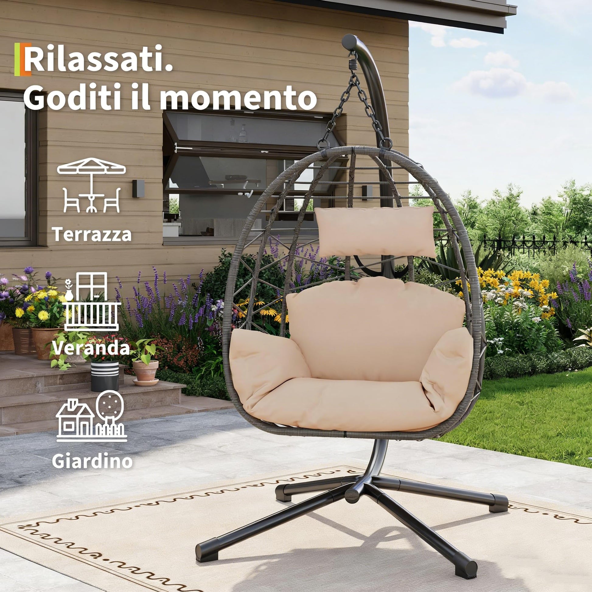 Garvee Hängesessel Rattan Mit Metallrahmen, Pieghevole, Resistente Alle Intemperie, Cuscino Imbottito, Design Ergonomico A Uovo, Nero, Per Giardino E Interni, Portata 150 Kg