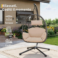 Garvee Hängesessel Rattan Mit Metallrahmen, Pieghevole, Resistente Alle Intemperie, Cuscino Imbottito, Design Ergonomico A Uovo, Nero, Per Giardino E Interni, Portata 150 Kg