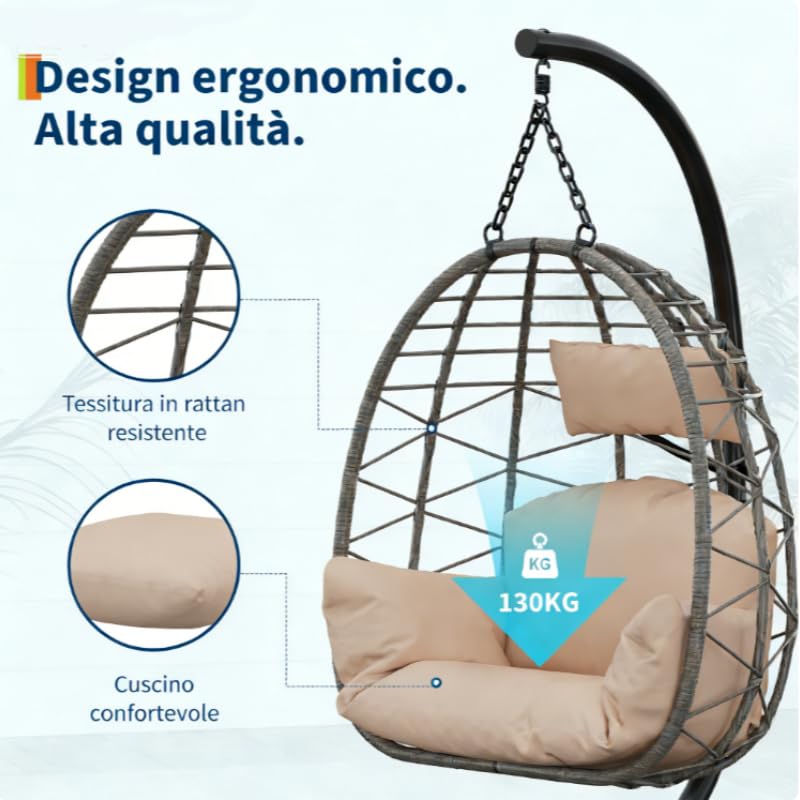 Garvee Hängesessel Rattan Mit Metallrahmen, Pieghevole, Resistente Alle Intemperie, Cuscino Imbottito, Design Ergonomico A Uovo, Nero, Per Giardino E Interni, Portata 150 Kg