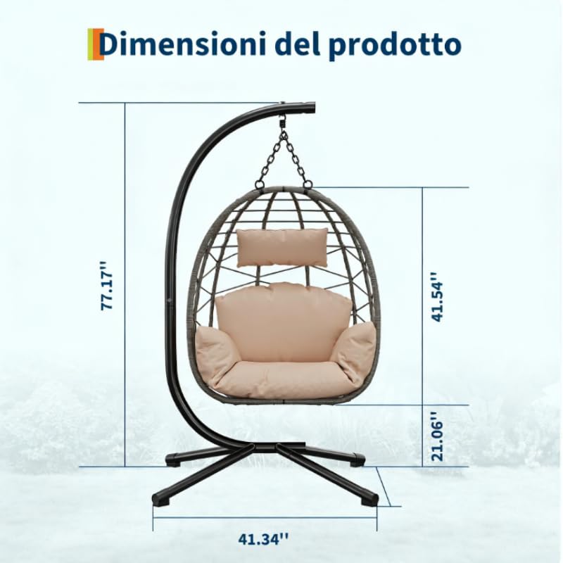 Garvee Hängesessel Rattan Mit Metallrahmen, Pieghevole, Resistente Alle Intemperie, Cuscino Imbottito, Design Ergonomico A Uovo, Nero, Per Giardino E Interni, Portata 150 Kg