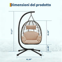 Garvee Hängesessel Rattan Mit Metallrahmen, Pieghevole, Resistente Alle Intemperie, Cuscino Imbottito, Design Ergonomico A Uovo, Nero, Per Giardino E Interni, Portata 150 Kg