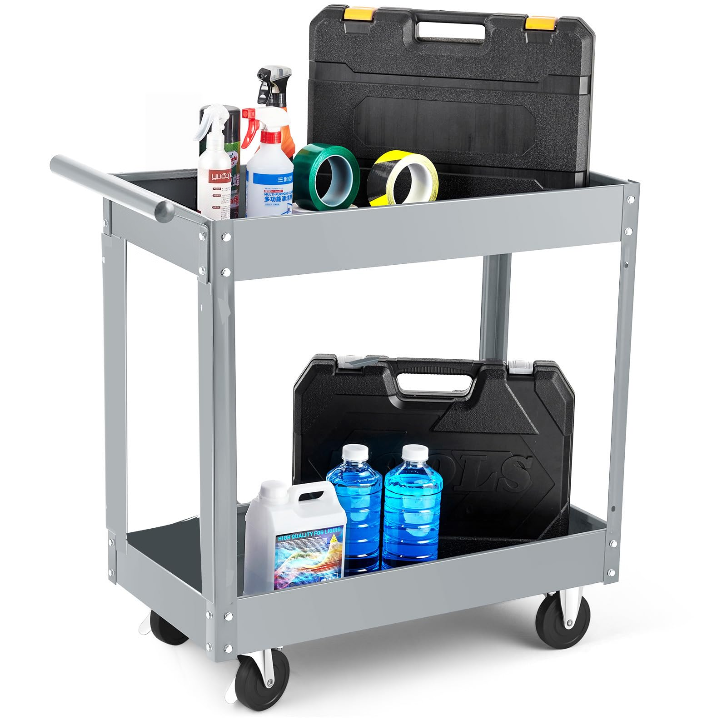Garvee Carrello Utility in Metallo 2 Ripiani, Capacità 150 kg, Ruote Girevoli 360°, Acciaio Resistente, Garage e Officina, 74 x 38,5 x 81,5 cm, Nero