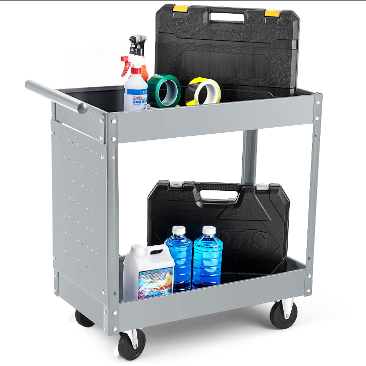 Garvee Carrello Utility in Metallo 2 Ripiani, Capacità 150 kg, Ruote Girevoli, Acciaio Resistente, Collassabile, Maniglia Ergonomica, Officina e Magazzino, 74x38,5x81,5 cm, Nero