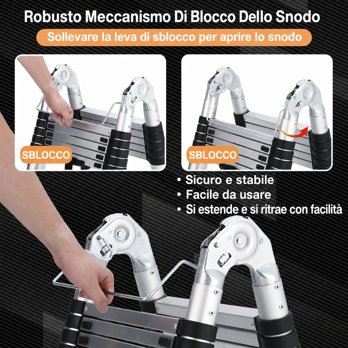 Scala Telescopica Garvee in Alluminio 5 m con Piedini Antiscivolo e Stabilizzatore, Pieghevole 150kg Interno/Esterno 98×52×21.5 cm