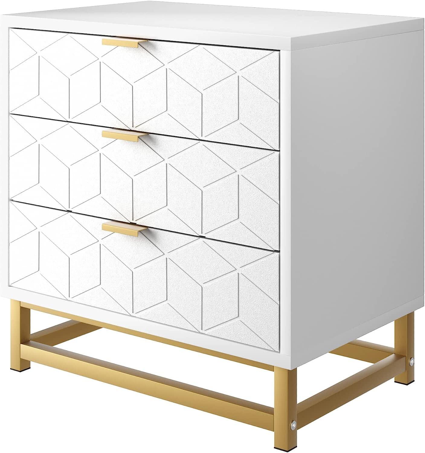 Cassettiera in legno Garvee bianca a 3 cassetti con maniglie in metallo dorato per camera da letto e soggiorno, moderna, robusta, MDF, stabile