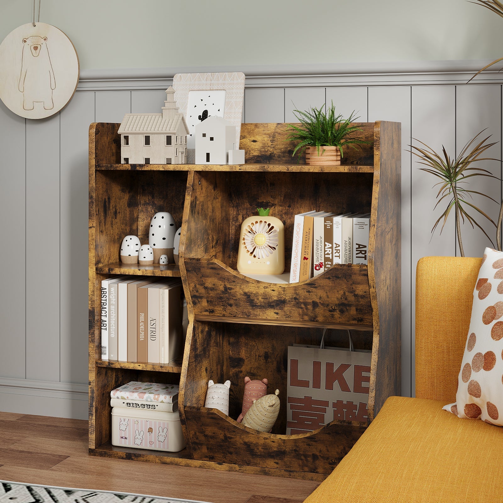 Scaffale portagiochi per bambini Garvee a 3 ripiani con 5 scomparti, MDF robusto, multifunzionale per camera da letto e cameretta, bianco compatto