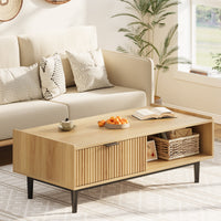 Tavolino da caffè scanalato Garvee da 42,5" con cassetti e spazio di archiviazione, stile moderno di metà secolo, MDF e metallo, soggiorno, colori legno naturale