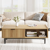 Tavolino da caffè scanalato Garvee da 42,5" con cassetti e spazio di archiviazione, stile moderno di metà secolo, MDF e metallo, soggiorno, colori legno naturale