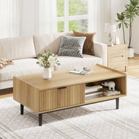 Tavolino da caffè scanalato Garvee da 42,5" con cassetti e spazio di archiviazione, stile moderno di metà secolo, MDF e metallo, soggiorno, colori legno naturale