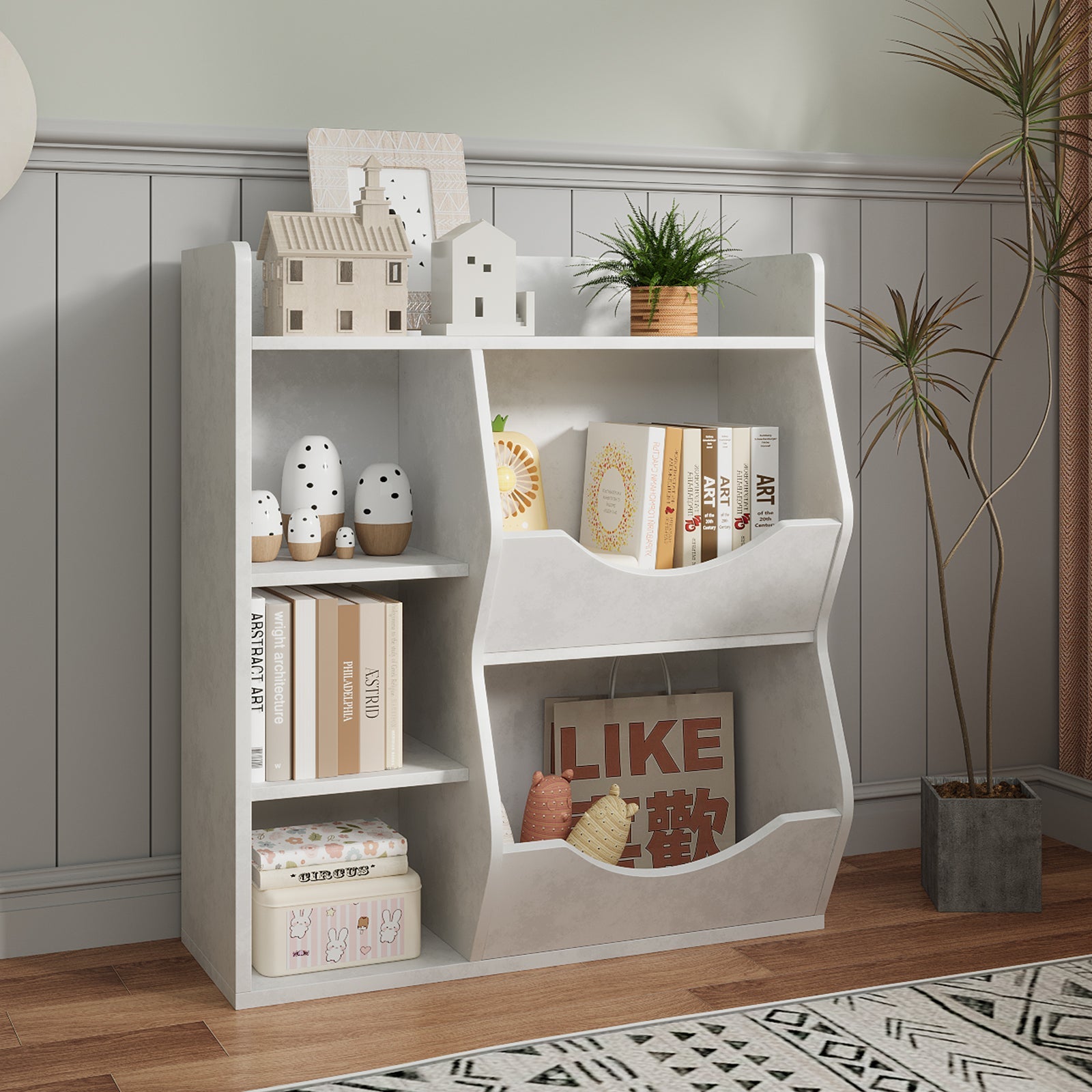 Scaffale portagiochi per bambini Garvee a 3 ripiani con 5 scomparti, bifacciale, MDF, robusto per camera da letto e cameretta, versatile, bianco