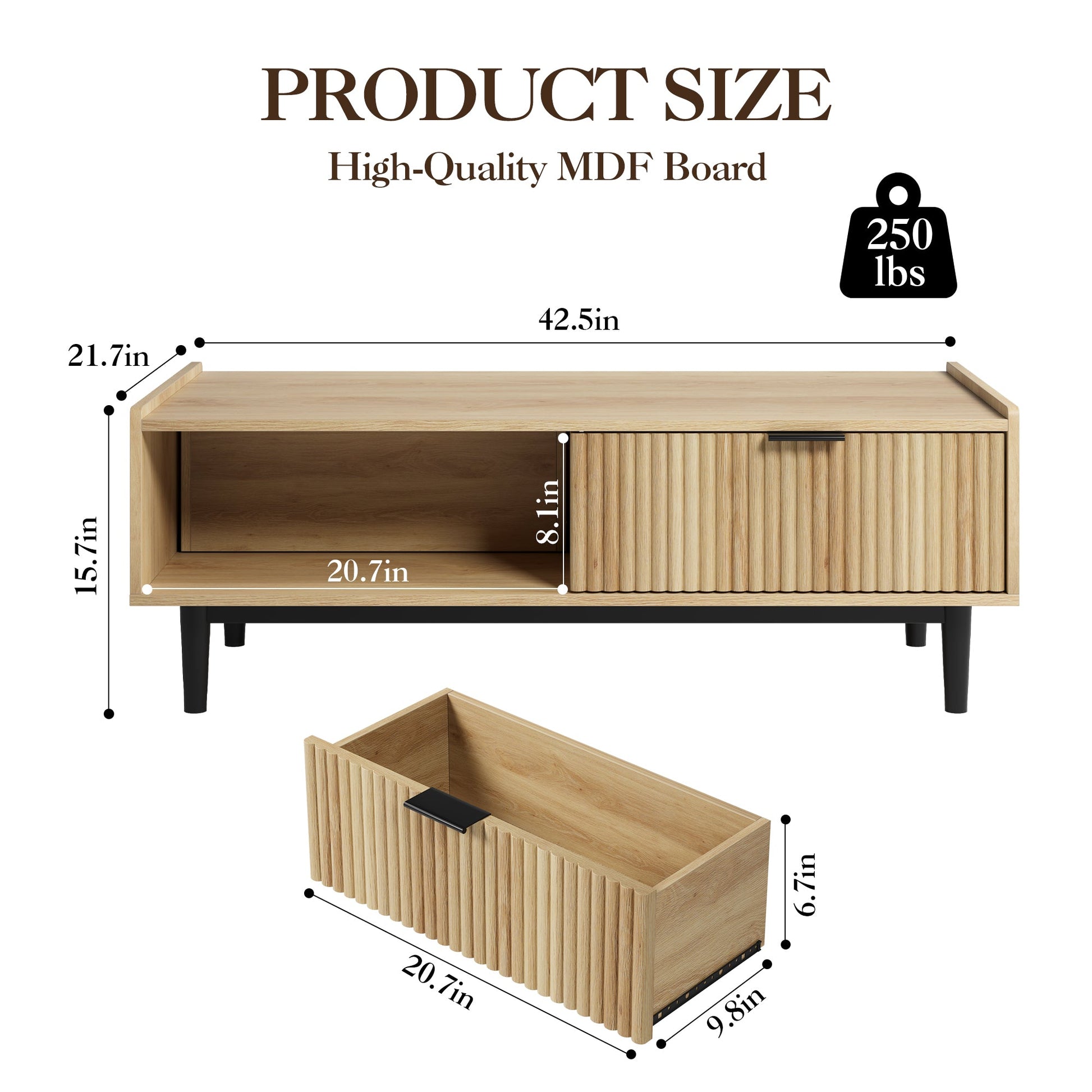 Tavolino da caffè scanalato Garvee da 42,5" con cassetti e spazio di archiviazione, stile moderno di metà secolo, MDF e metallo, soggiorno, colori legno naturale