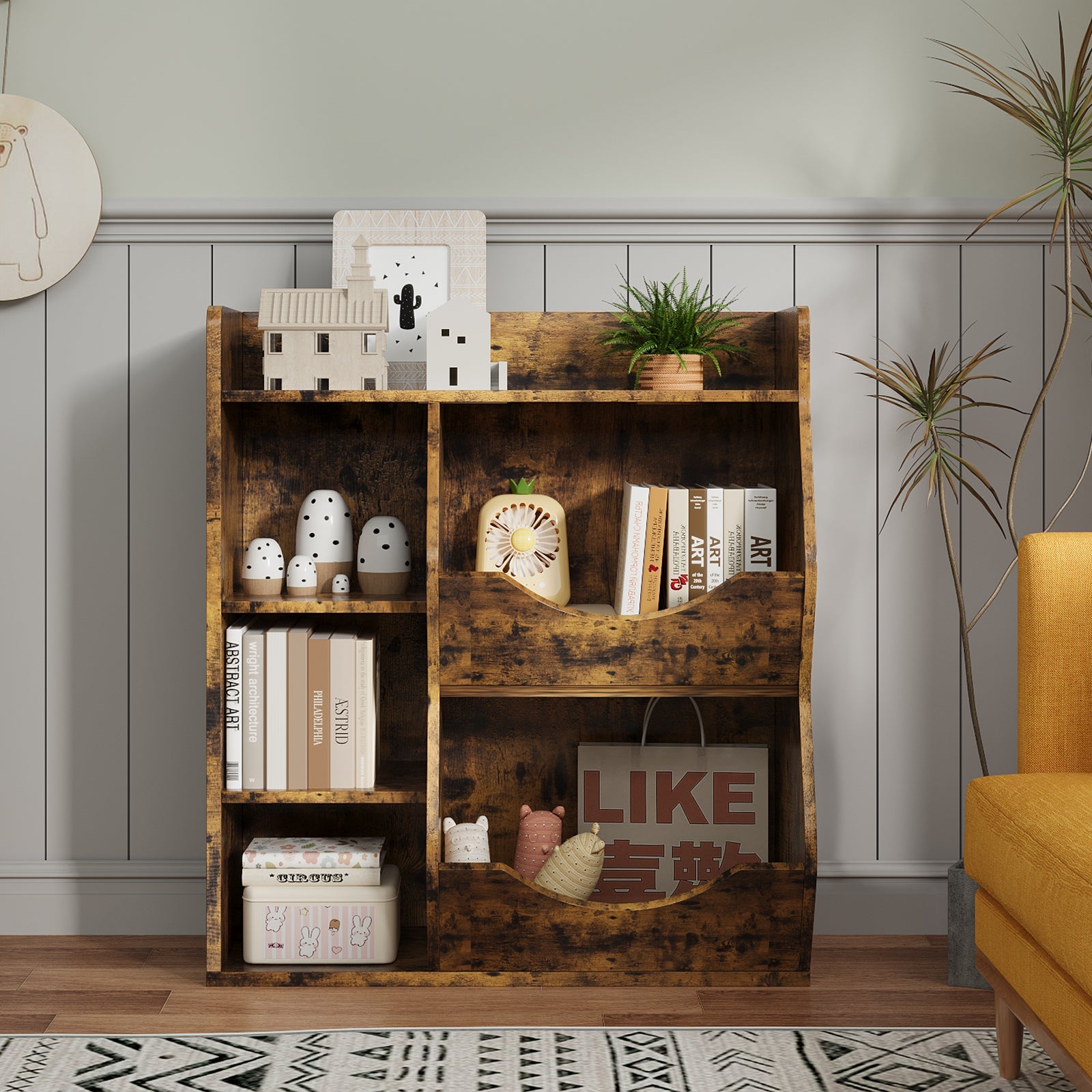 Scaffale portagiochi per bambini Garvee a 3 ripiani con 5 scomparti, MDF robusto, multifunzionale per camera da letto e cameretta, bianco compatto