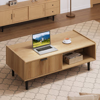 Tavolino da caffè scanalato Garvee da 42,5" con cassetti e spazio di archiviazione, stile moderno di metà secolo, MDF e metallo, soggiorno, colori legno naturale